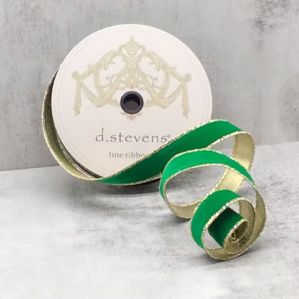d. stevens 1" x 25yds flocked velvet metallic gold back, forest green