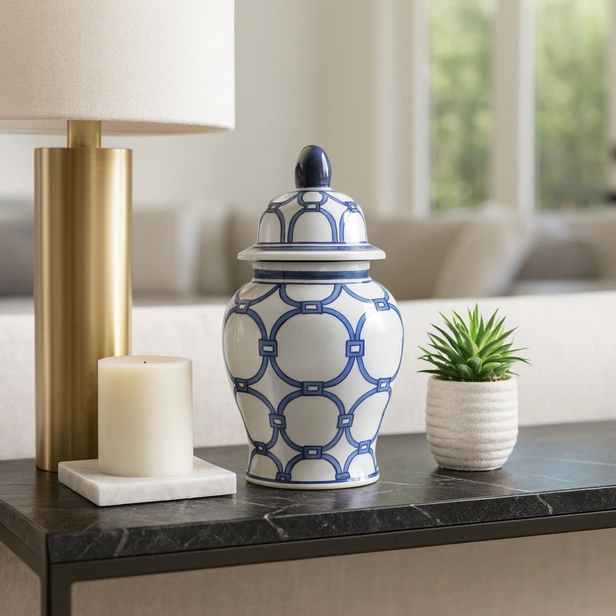 Ceramic Links Flower Decorative Temple Jar, Blue