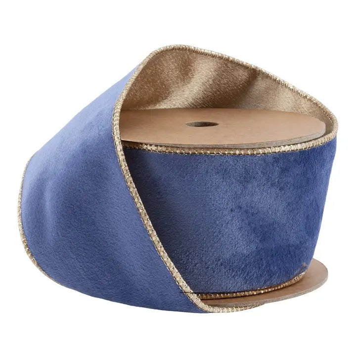 2 1/2" Reversible Classic Velvet Wired Ribbon | French Blue/Gold | 10 Yard Roll