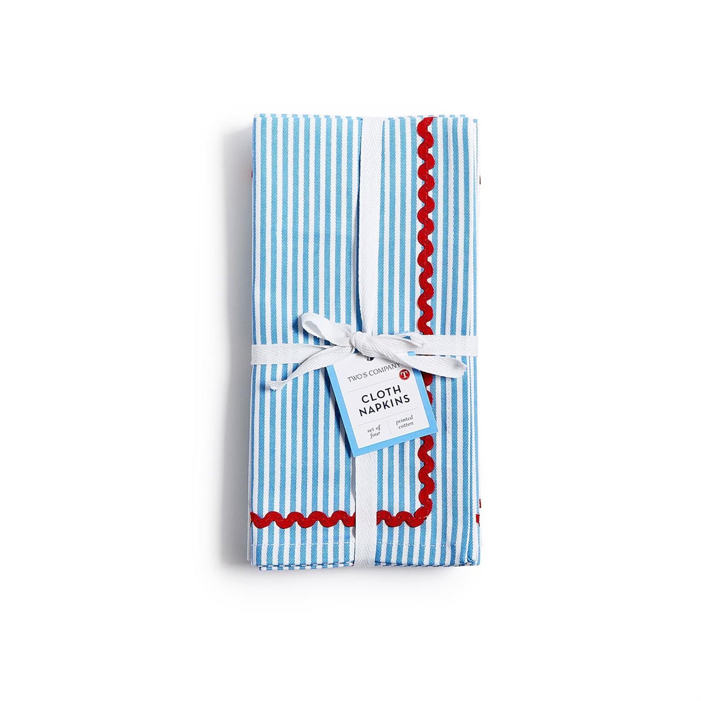 Twos Company S/4 Blue Stripe w/Red Ric Rac Trim Cloth Dinner Napkins