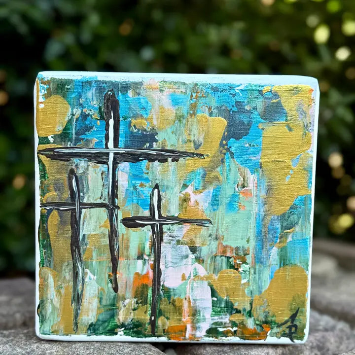 Cross Art Three Cross Abstract Painted Wood Block