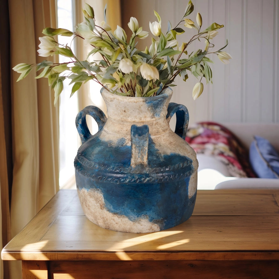 Terracotta Rustic Triple Handle Jug, Blue