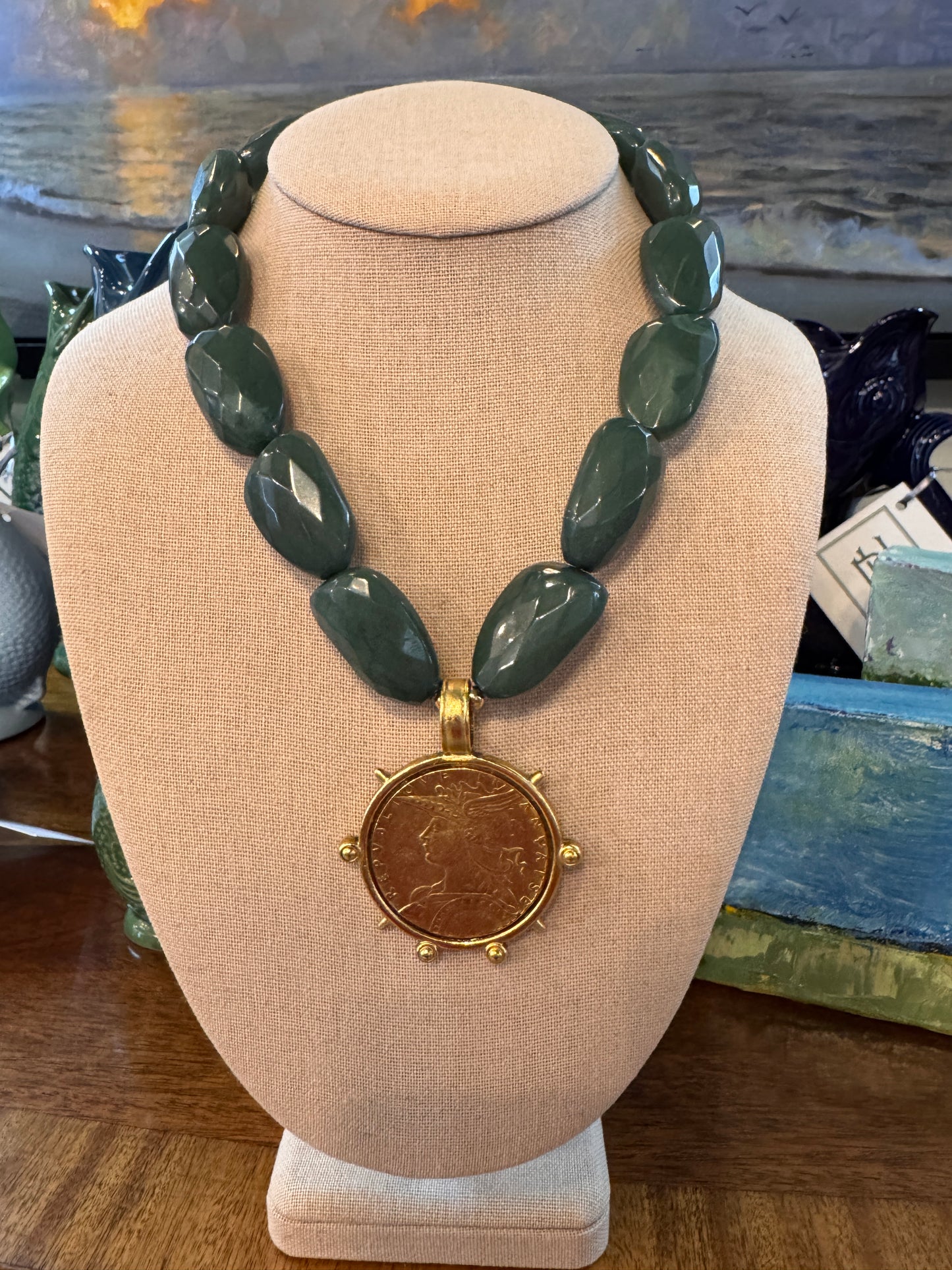 Peacock Green Encased Coin Necklace