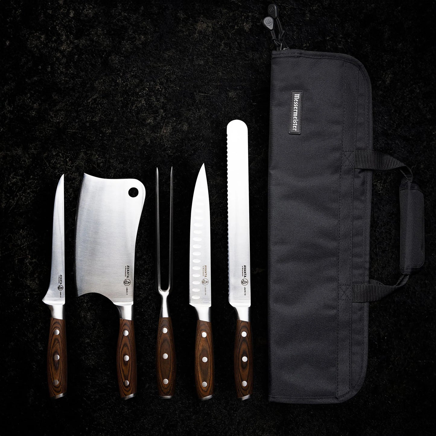 Messermeister Avanta Pakkawood 6 Piece Pro BBQ Knife Set / Black Knife Bag