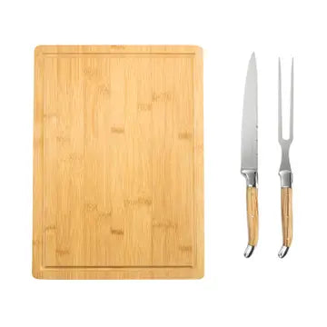 Laguiole Olive Wood Carving Set & Bamboo Moat Board