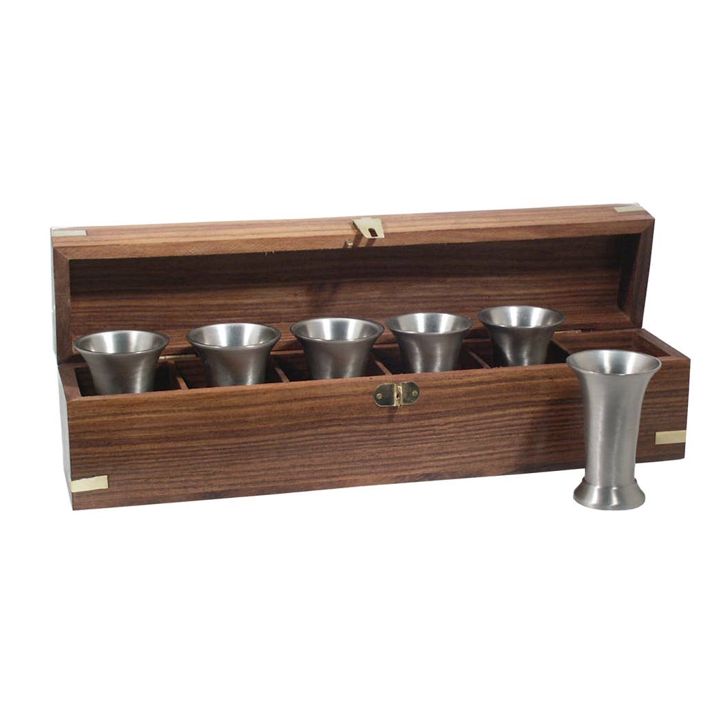 Set of 6 Pewter Beakers in Wooden Box | Barware