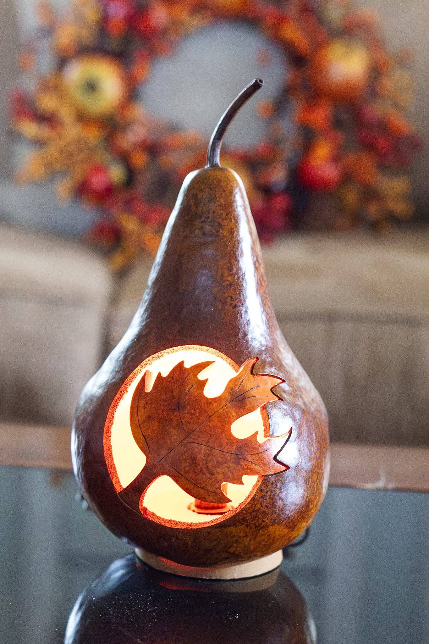 Hand-Crafted Gourd Luminary - Maple Leaf Silhouette Lit