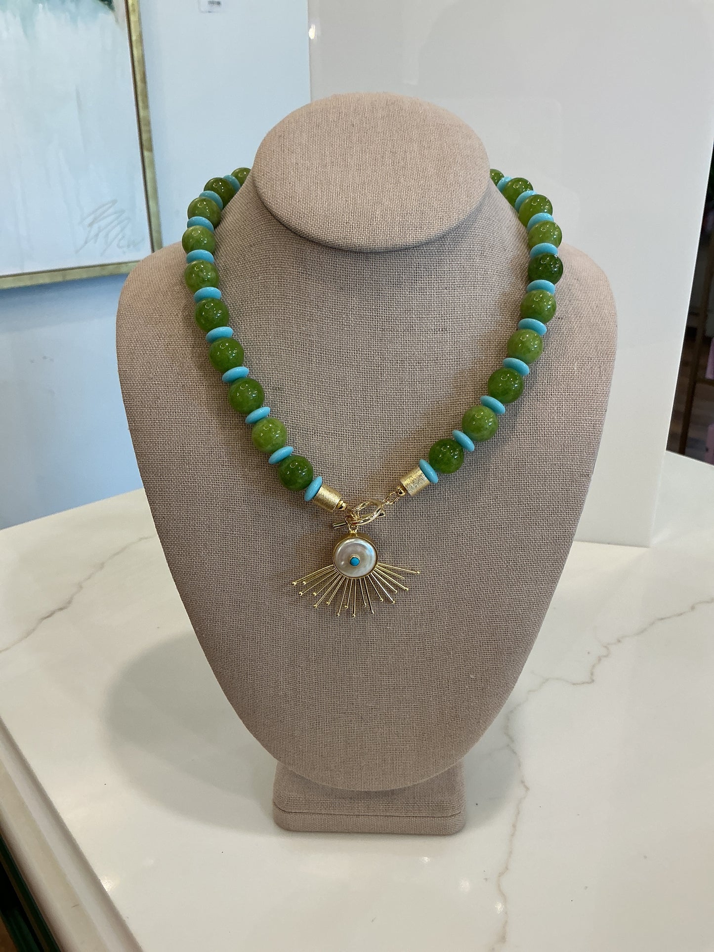 BCB - Green W/ Blue Spacers + Pendants Necklace