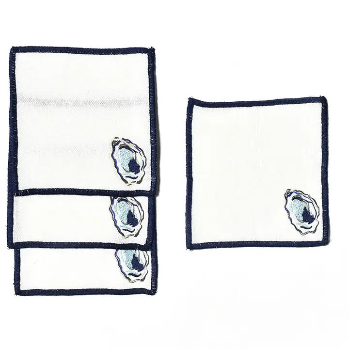 Coton Colors Oyster Cocktail Napkins w/Navy Trim, Set Of 4