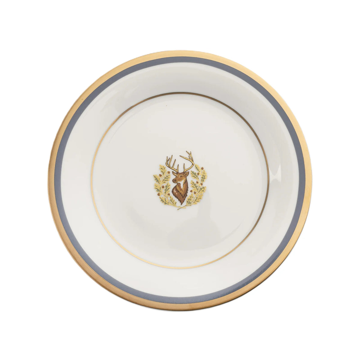 Pickard Charlotte Moss White Stag Motif Center Well - Salad - Gold and Gray-Blue Band