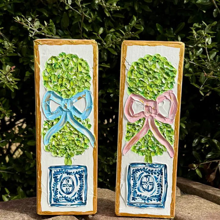 Textured Topiary Art Block - Blue Bow