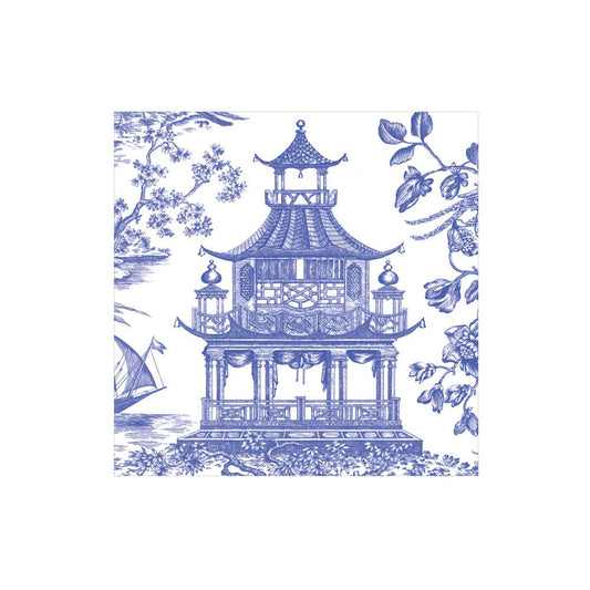 Caspari Chinoiserie Toile Pagoda Blue Cocktail Napkin