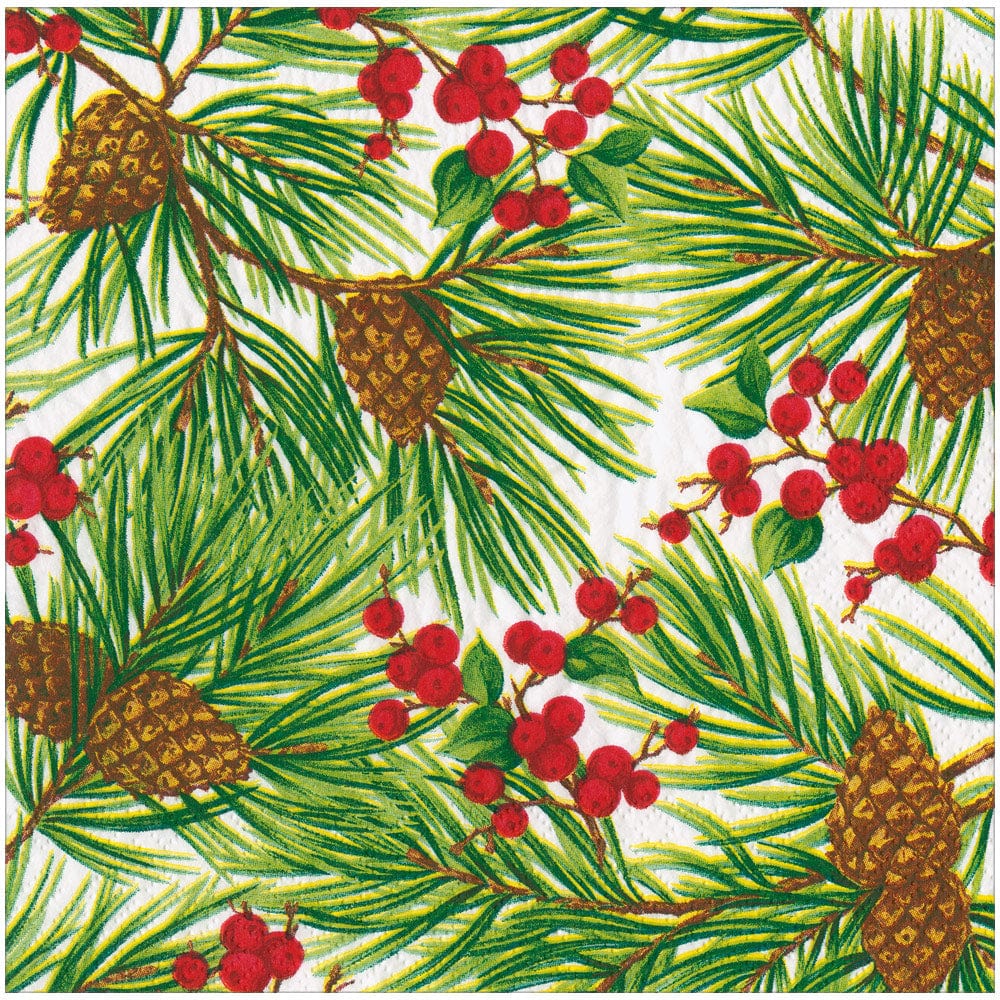 Caspari Evergreen & Berries White Dinner Napkins