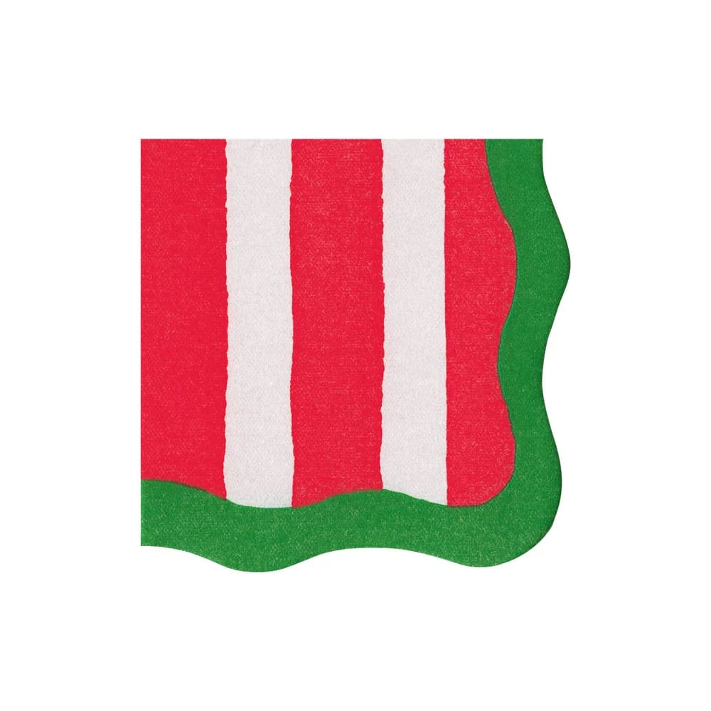 Caspari Cafe Stripe Scallop Red/Green Paper Linen Die Cut Cocktail Napkin