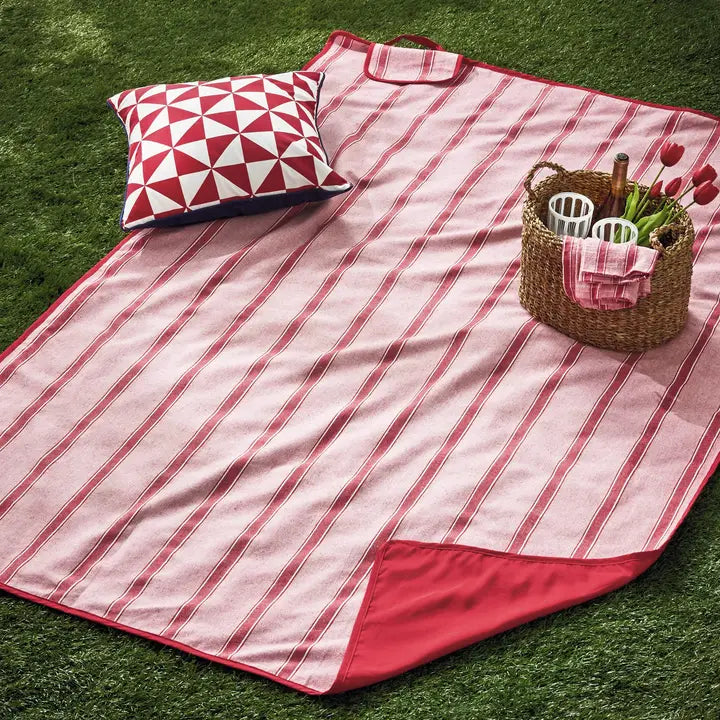 Red & White Stripe Picnic Blanket Multi Cotton