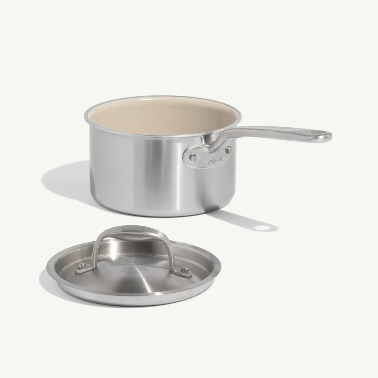 Made In 4 Qt CeramiClad Saucepan - Sand - Gold Handles