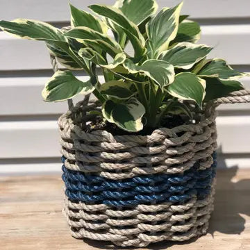Wicked Good Lobster Rope Basket, Dark Tan with Navy Stripe, 12"x8"