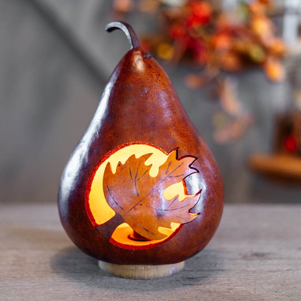 Hand-Crafted Gourd Luminary - Maple Leaf Silhouette Lit