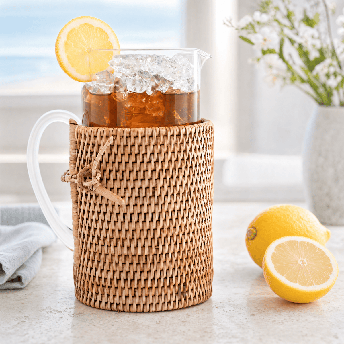Glass Pitcher Hand Woven Wicker Natural Rattan Cover