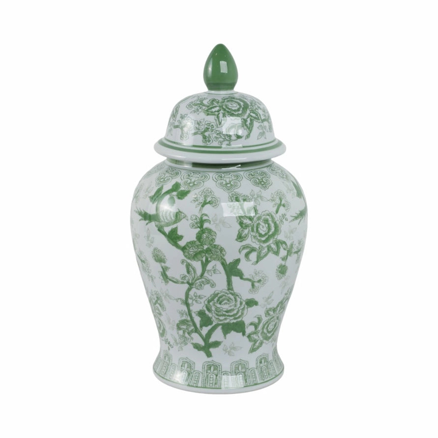 Bird Flower Decorative Temple Jar, Green 18in