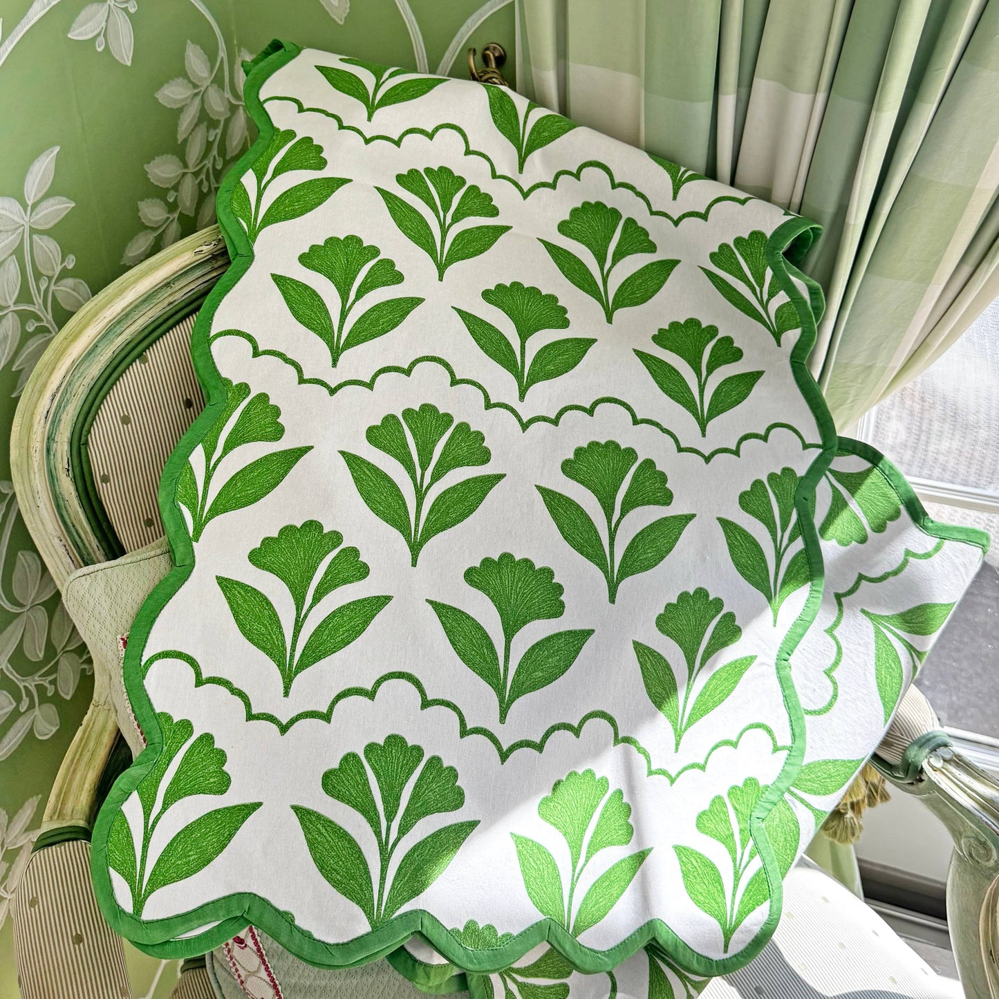 Josephine green block print cotton table runner