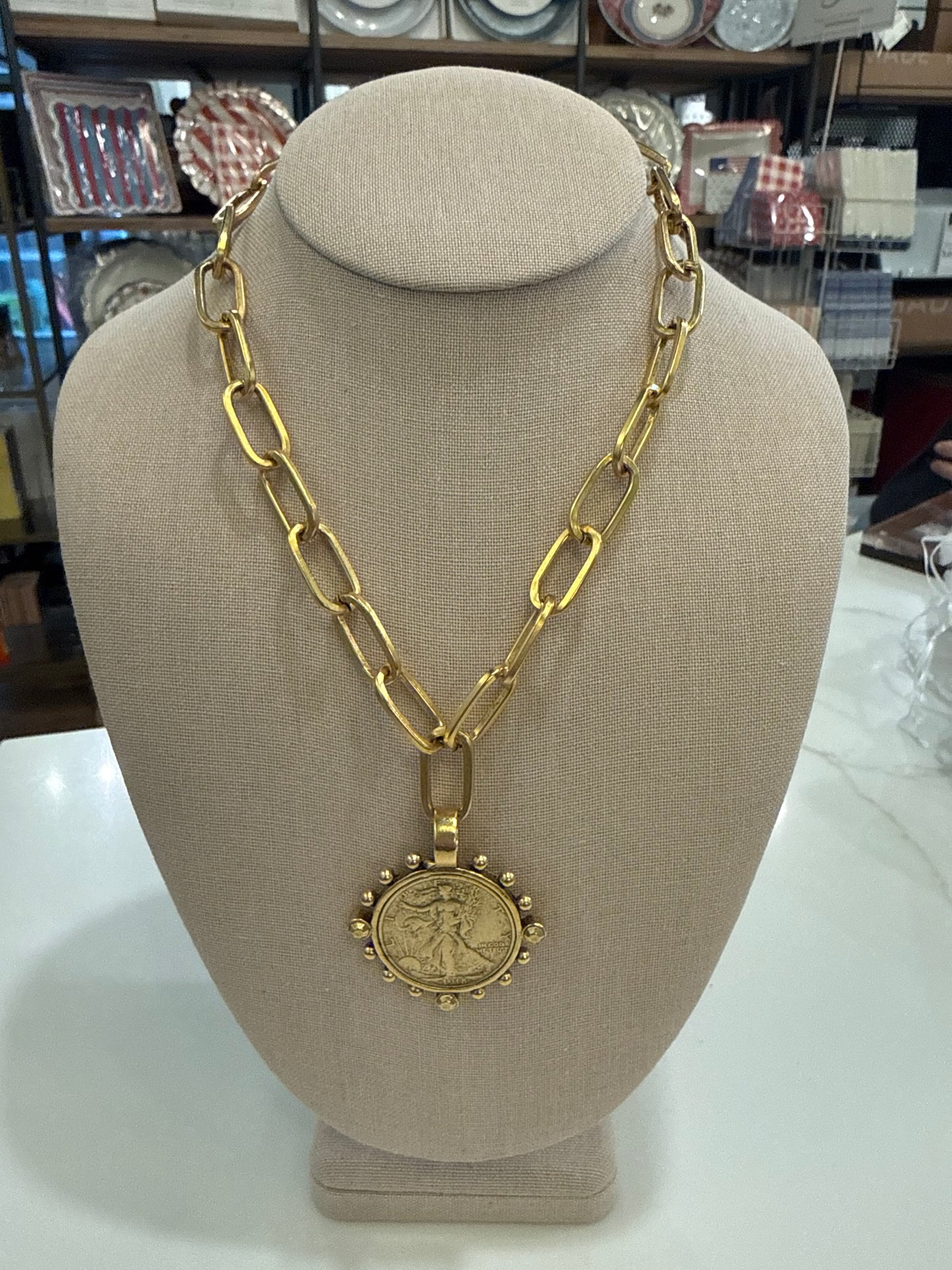 Gold Link Necklace with Liberty Coin