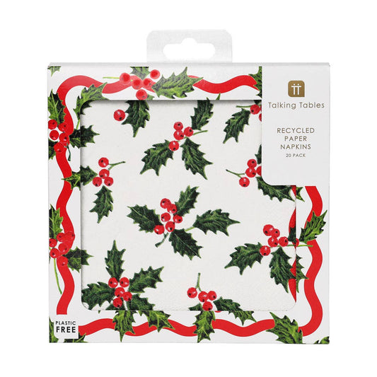 Holly White Napkins - 20 Pack| Christmas Decor |