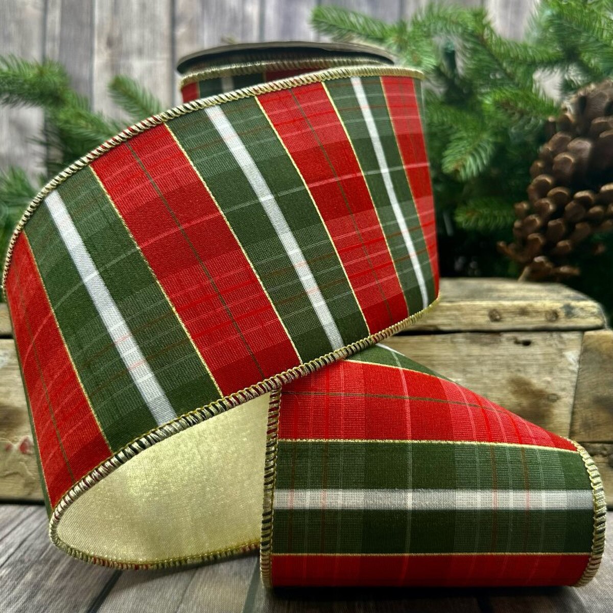 d stevens 4" x 10yds dupion metallic plaid gold back, red/green/gold