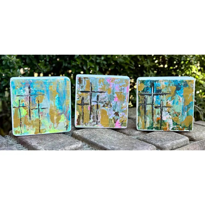 Cross Art Three Cross Abstract Painted Wood Block
