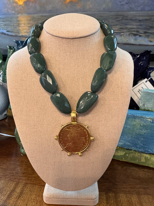Peacock Green Encased Coin Necklace