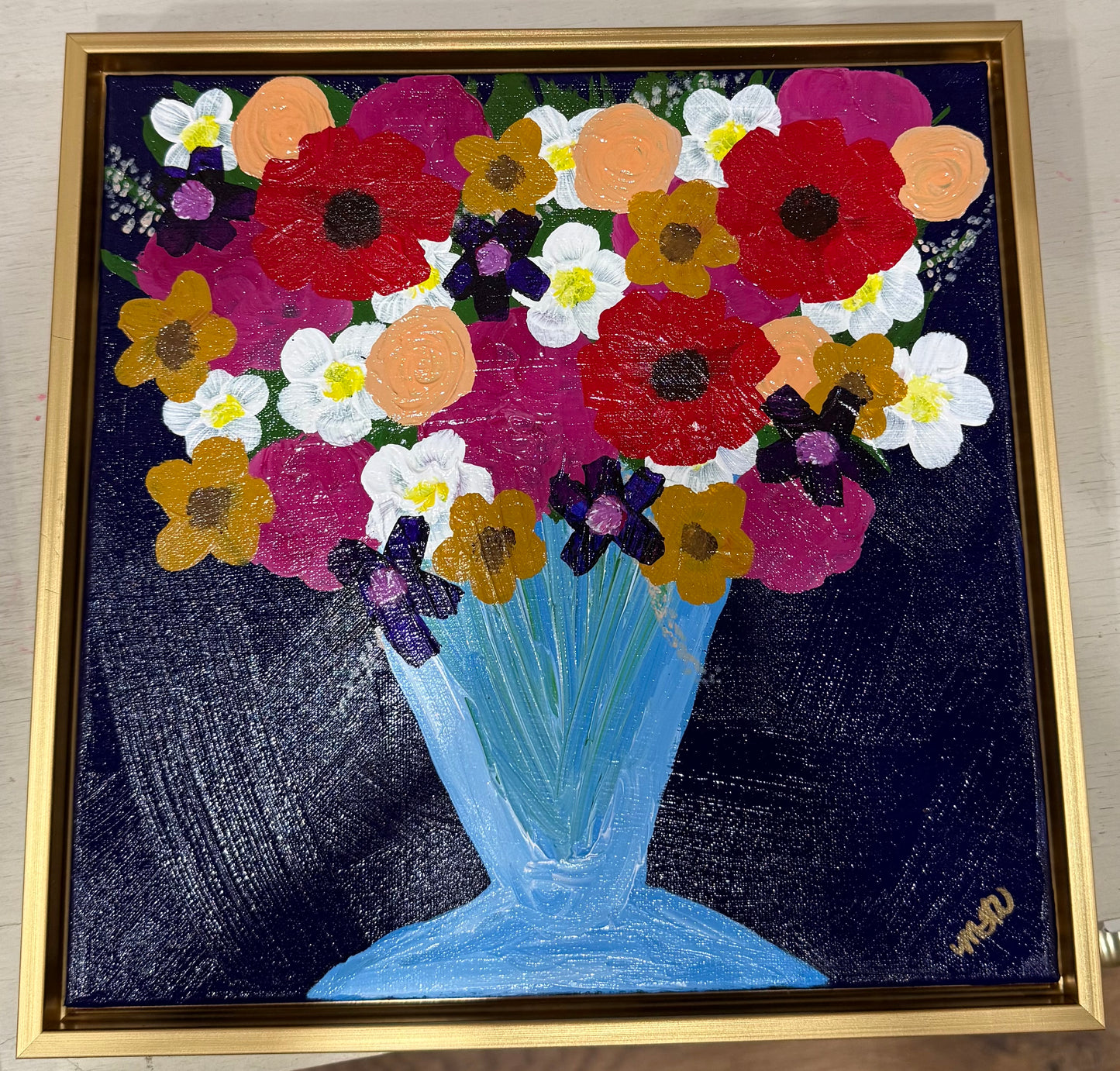 ACRYLIC FLORAL ON BLUE BACKROUND