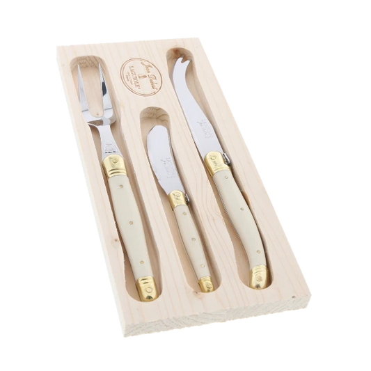 FF Jean Dubost 3Pc Cheese Set In Ivory & Brass