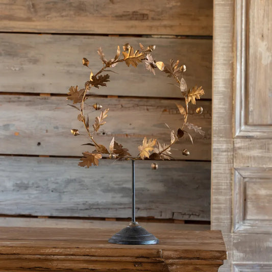 Porch View French Wire Gold Acorn Wreath on Stand