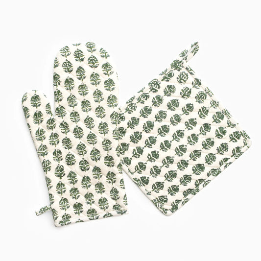 Pomegranate Elise Green Oven Mitt Set