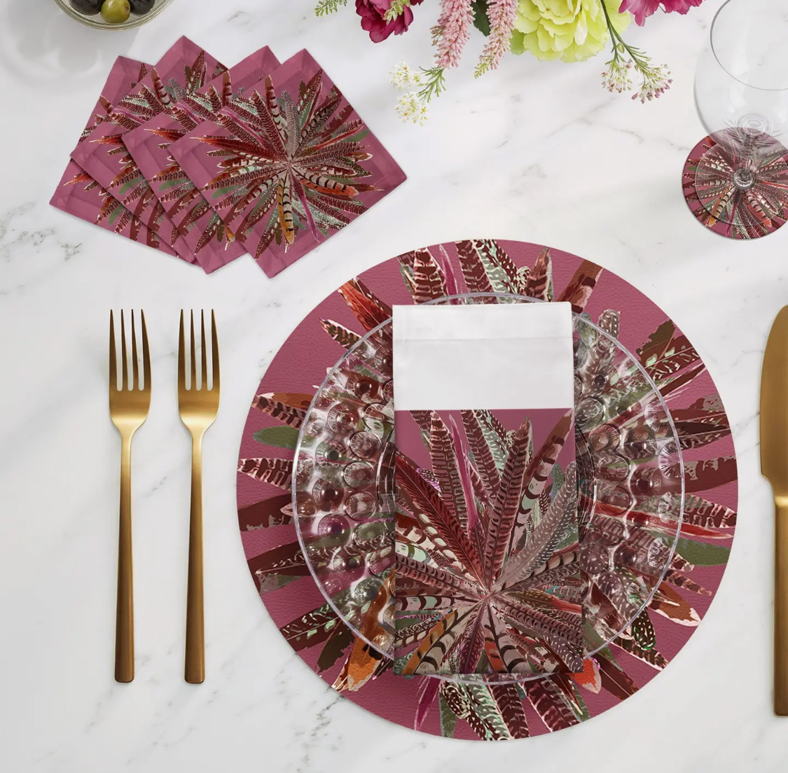Feasant Feather Vegan Leather Round Placemat - S/4