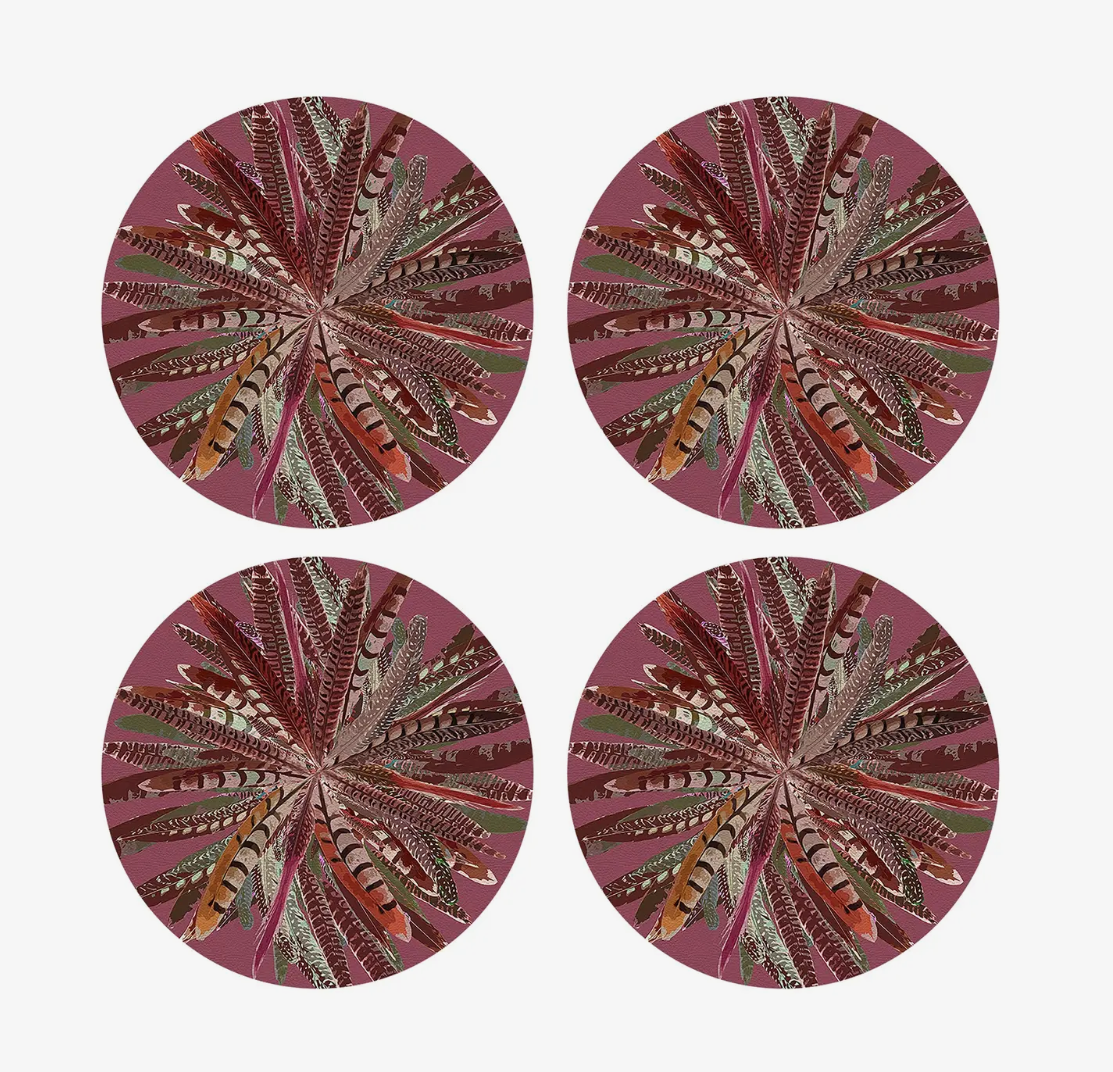 Feasant Feather Vegan Leather Round Placemat - S/4