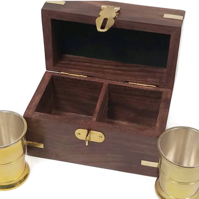Polished Brass Rum Cups - 4" Rosewood Storage Box | Barware