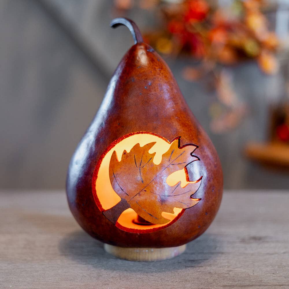Hand-Crafted Gourd Luminary - Maple Leaf Silhouette Lit