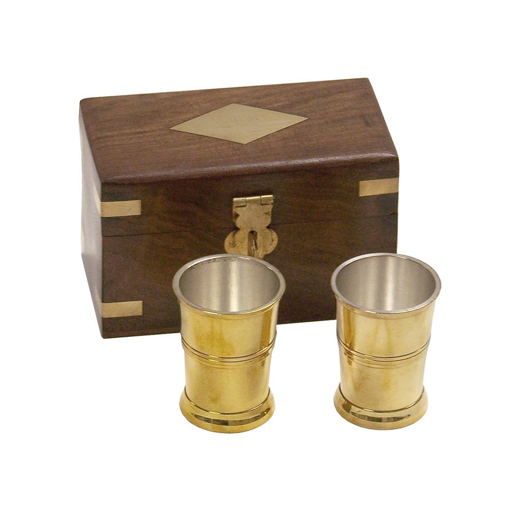 Polished Brass Rum Cups - 4" Rosewood Storage Box | Barware