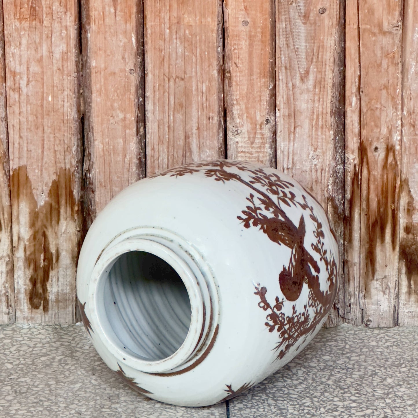 Red and White Copper Underglaze Bird and Flower Barrel Vase