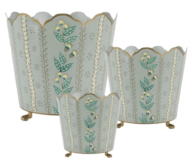 TEH Large Metal Cachepot, Blue/Green Floral