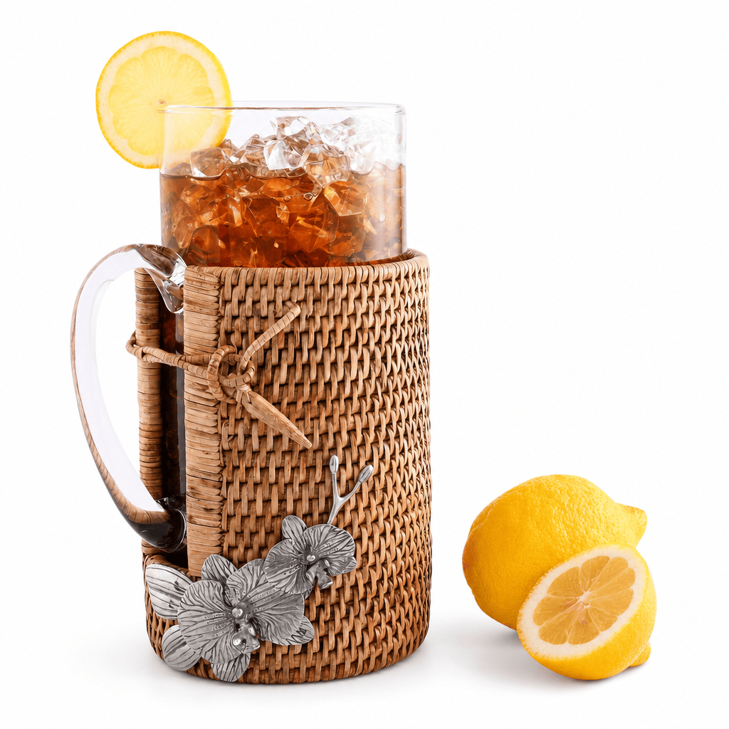 Orchid Glass Pitcher Hand Woven Wicker Natural Rattan Cover