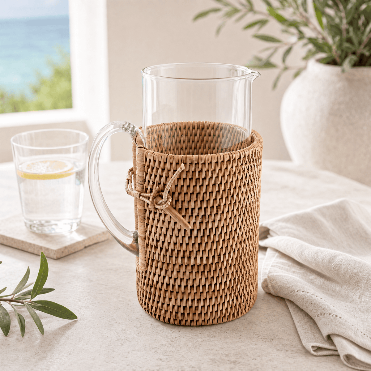 Glass Pitcher Hand Woven Wicker Natural Rattan Cover