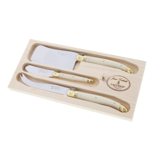 FF Jean Dubost 3Pc Cheese Set In Ivory & Brass W/Cleaver