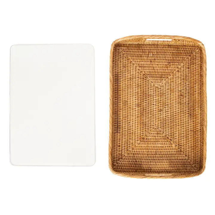Rattan Rectangular Serving Tray with Glass Insert