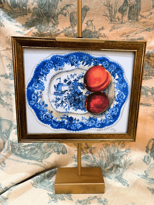 Peaches on Platter Framed Art + Easel