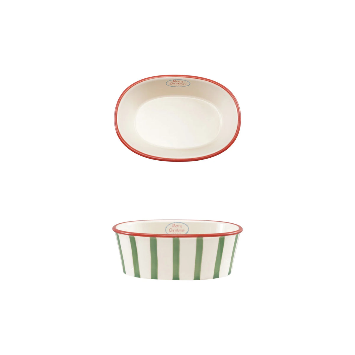 Oval Stoneware Striped Baker, 2 Qt "Merry Christmas"